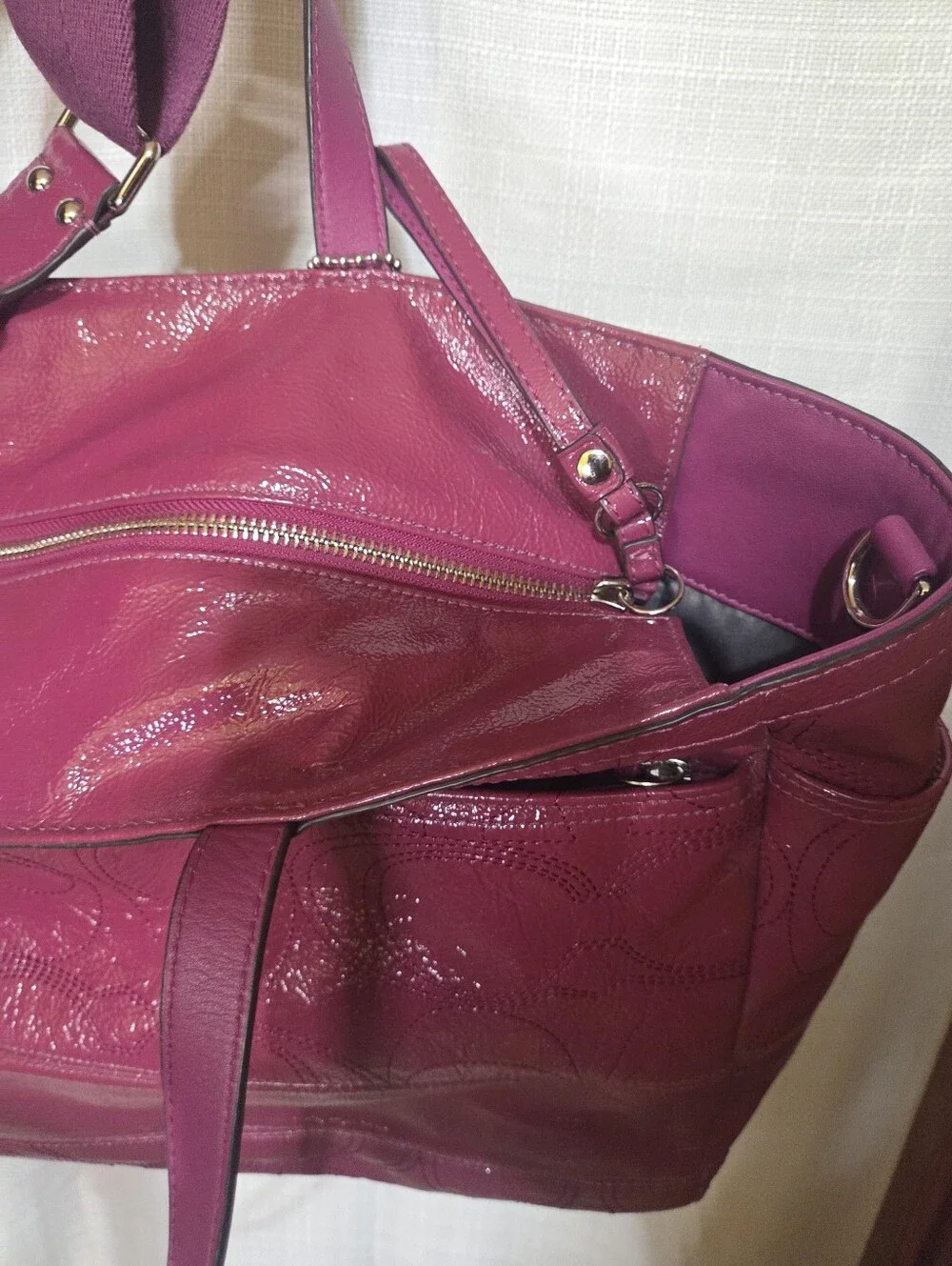 Coach F17940 Signature Fuchsia Baby Diaper Bag Tote Patent Leather